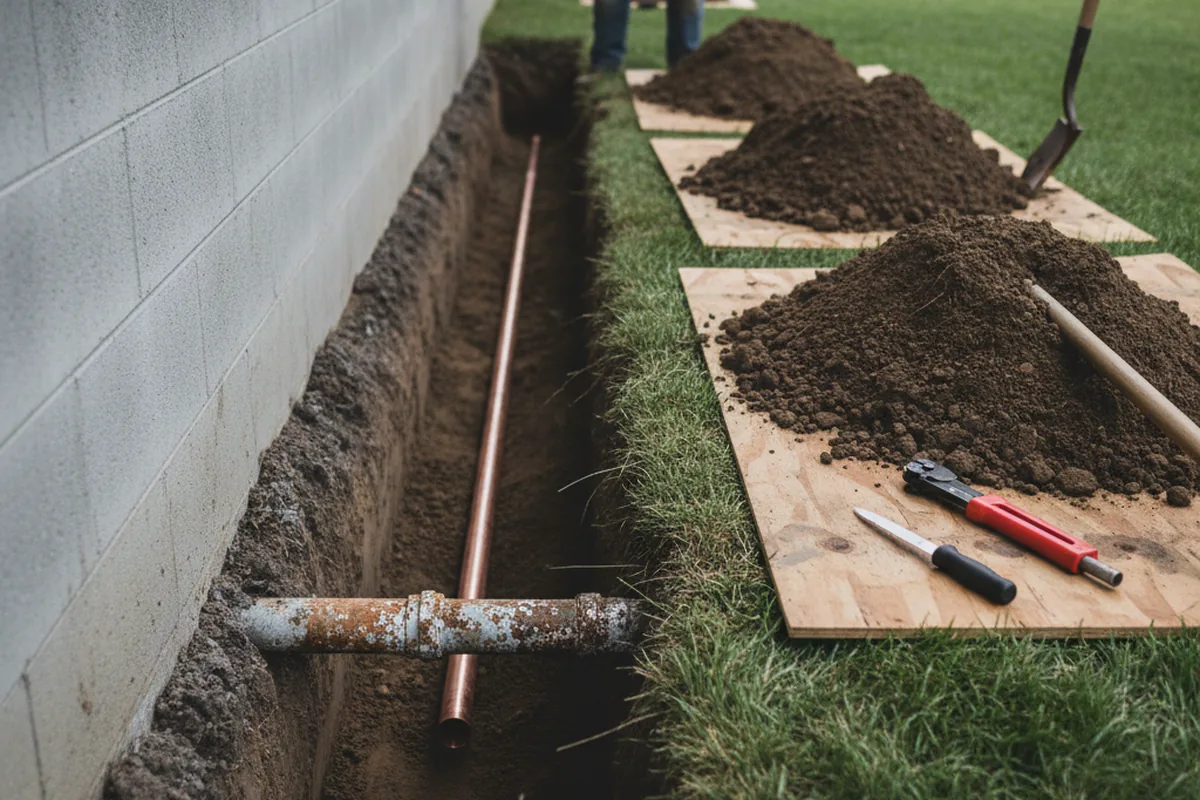 Excavated water line trench during Sewer Line Repair in East Springfield